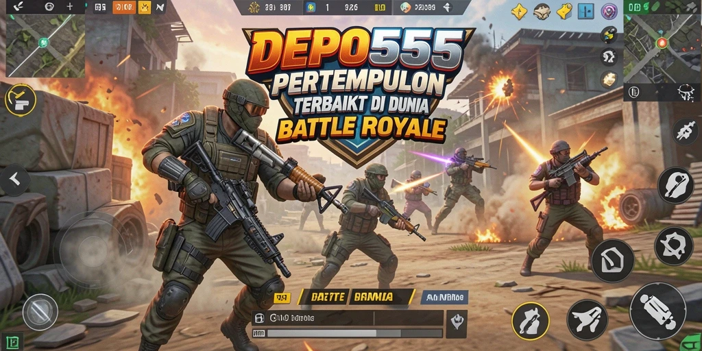Screenshot utama DEPO555 menampilkan pertempuran intens di arena Battle Royale.