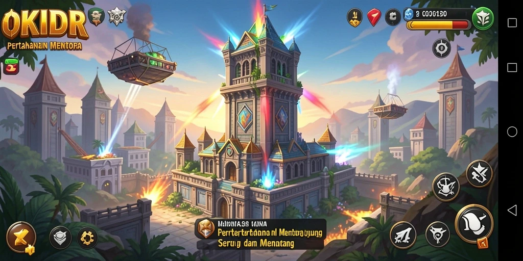 Tampilan gameplay menegangkan dalam pertahanan menara di OKIDR.